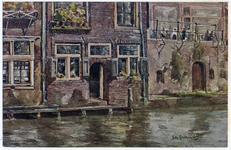 26194 Gezicht op een gedeelte van de ondergevel van twee huizen aan de Oudegracht te Utrecht, mogelijk de achterzijde ...